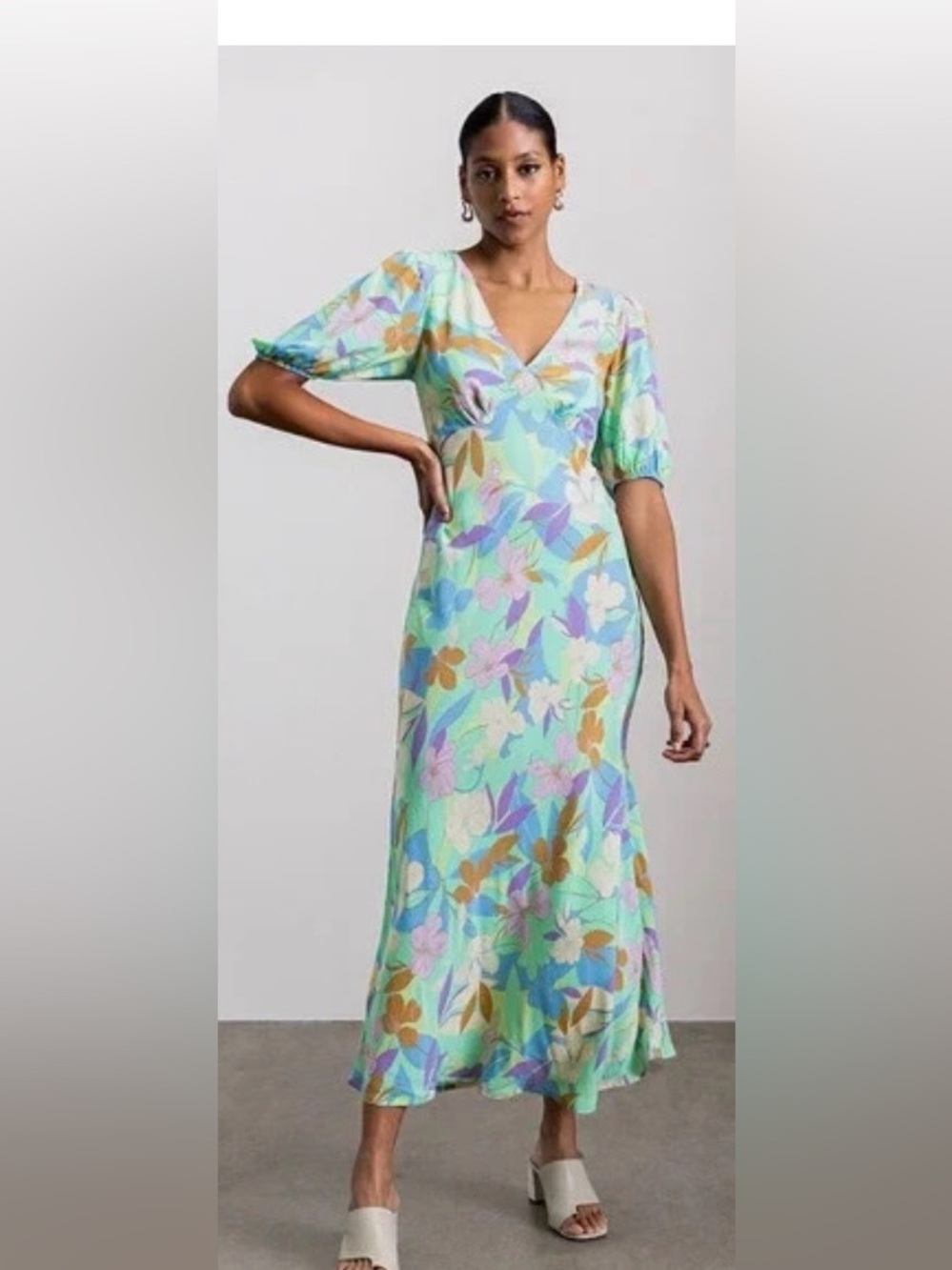 Sanctuary Green Multi Tie Back Floral Maxi Dress Puff Sleeve